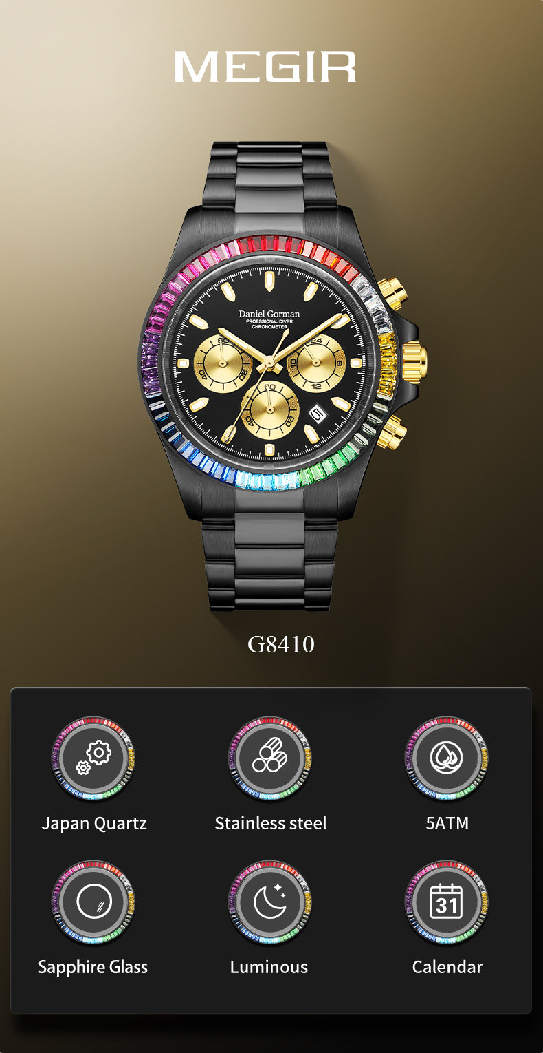 MEGIR Mens Watches Top Brand Luxury Business Wristwatches Stainless Steel Waterproof Date Quartz Chronograph Reloj Hombre 8410