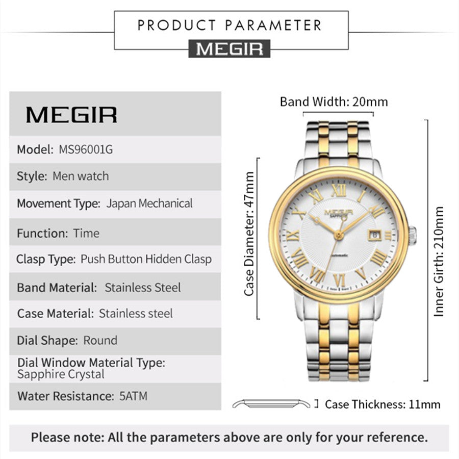 MEGIR Automatic Mechanical Watch Men Stainless Steel Watches Top Brand Luxury Business Wristwatch Male Clock Relogio Masculino