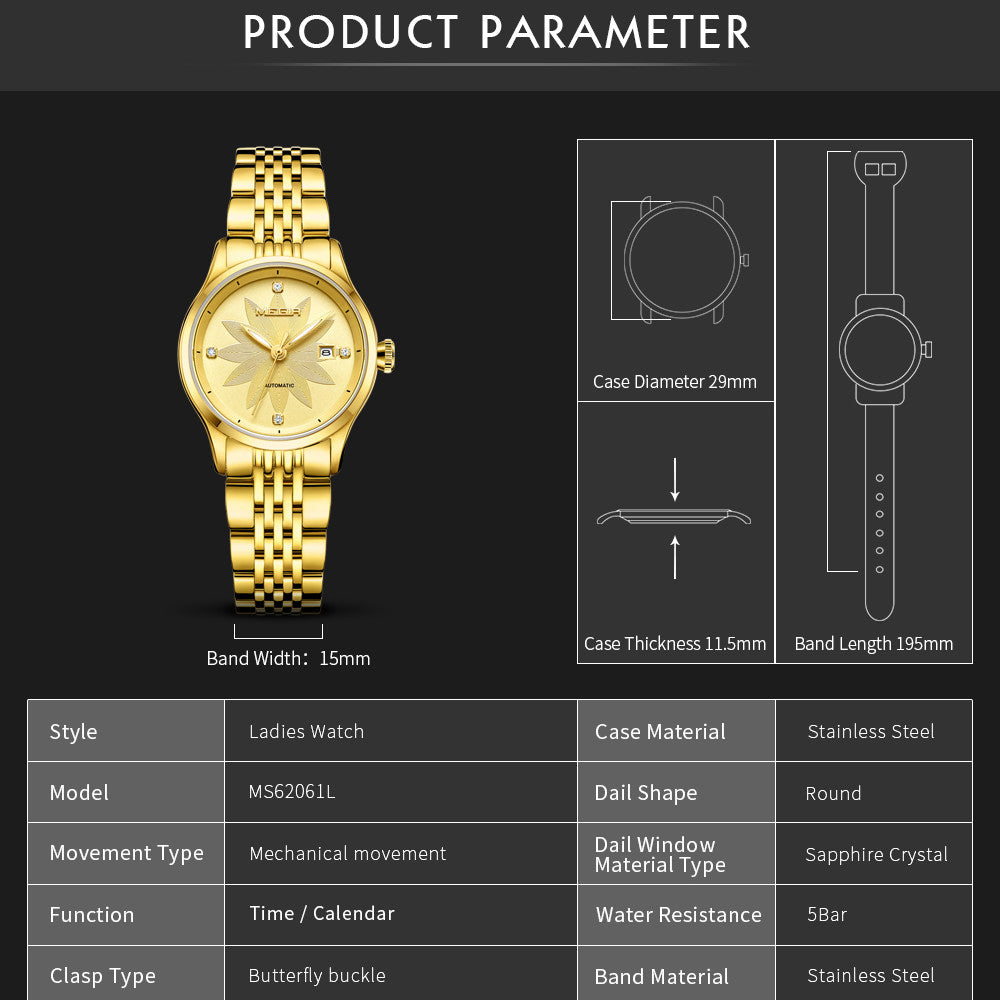MEGIR Fashion Business Casual Watch for Women Sapphire Automatic Mechanical Wrist Watch Ladies Stainless Steel Female Date Clock