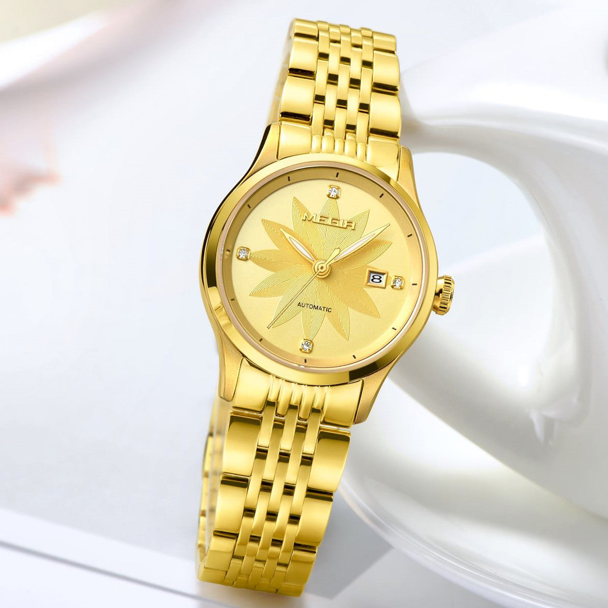 MEGIR Fashion Business Casual Watch for Women Sapphire Automatic Mechanical Wrist Watch Ladies Stainless Steel Female Date Clock