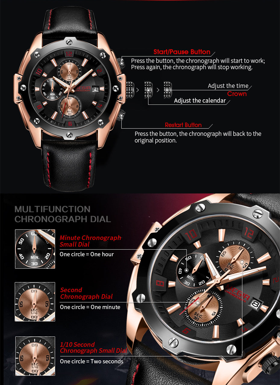 MEGIR Black Mens Watches Top Brand Luxury Chronograph Sports Quartz Wrist Watch Man Clock Waterproof Army Military Wristwatches