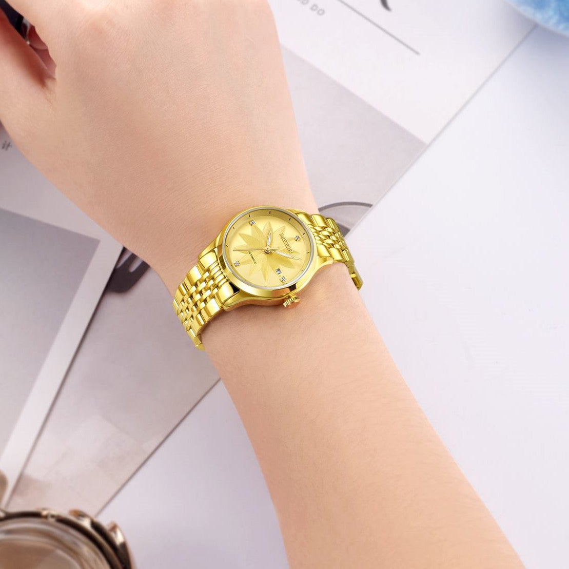 MEGIR Fashion Business Casual Watch for Women Sapphire Automatic Mechanical Wrist Watch Ladies Stainless Steel Female Date Clock