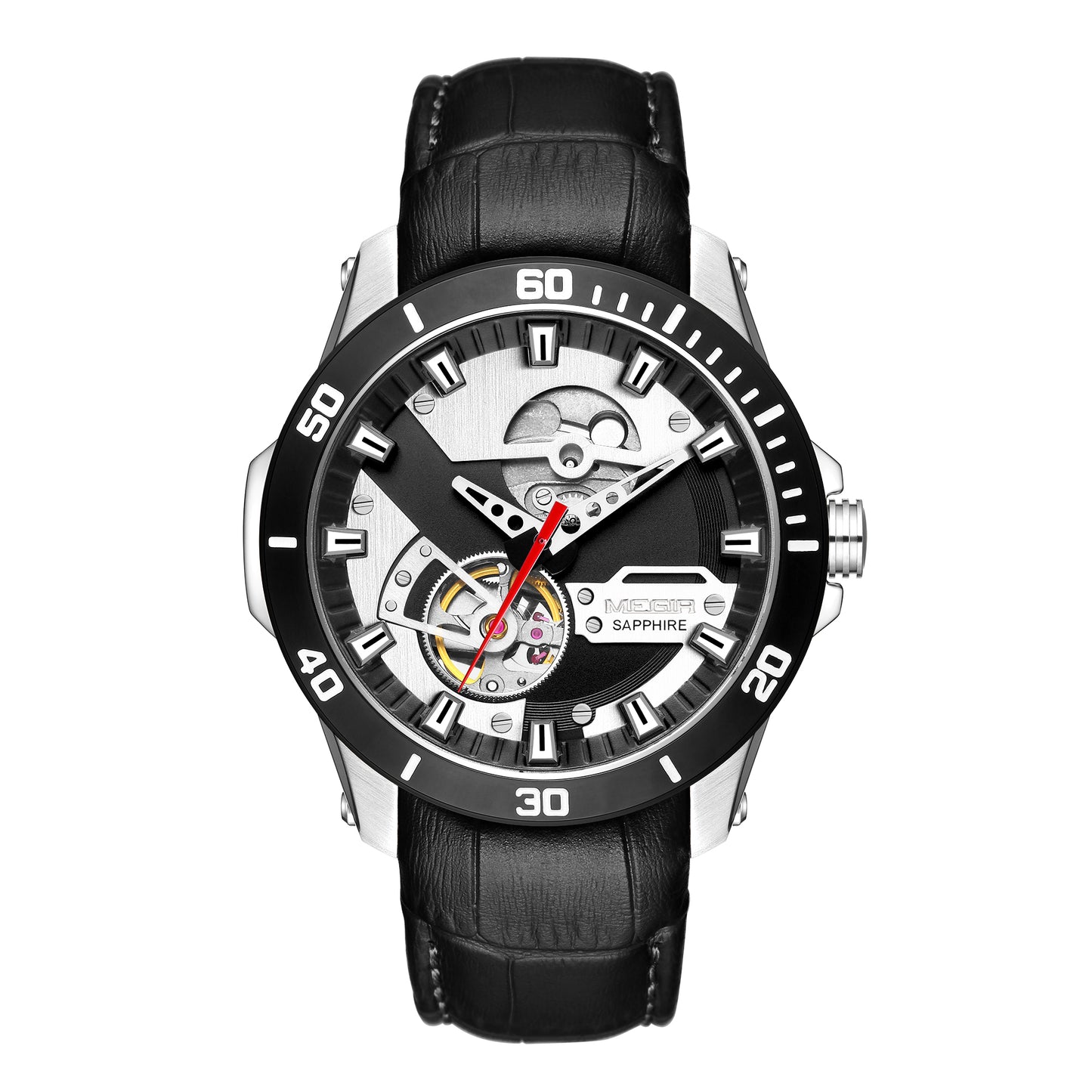 MEGIR Fashion Leather Watches for Men Sapphire Stainless Steel Automatic Mechanical Watch Sports Clock Montre Homme