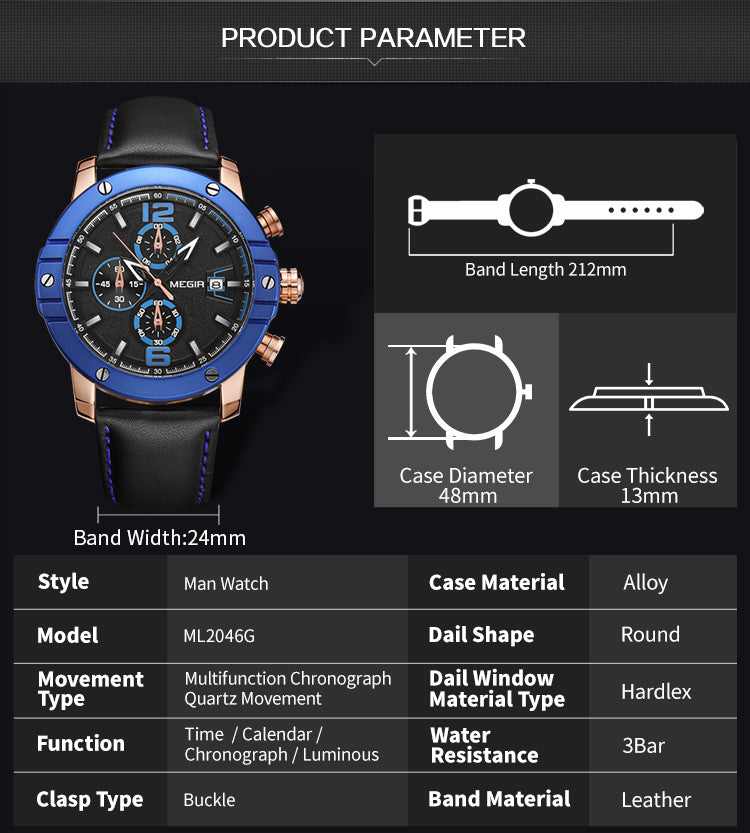 MEGIR Fashion Men's Quartz Watch Top Brand Luxury Business Casual Wristwatch Leather Strap Military Sports Watch Male Clock 2046