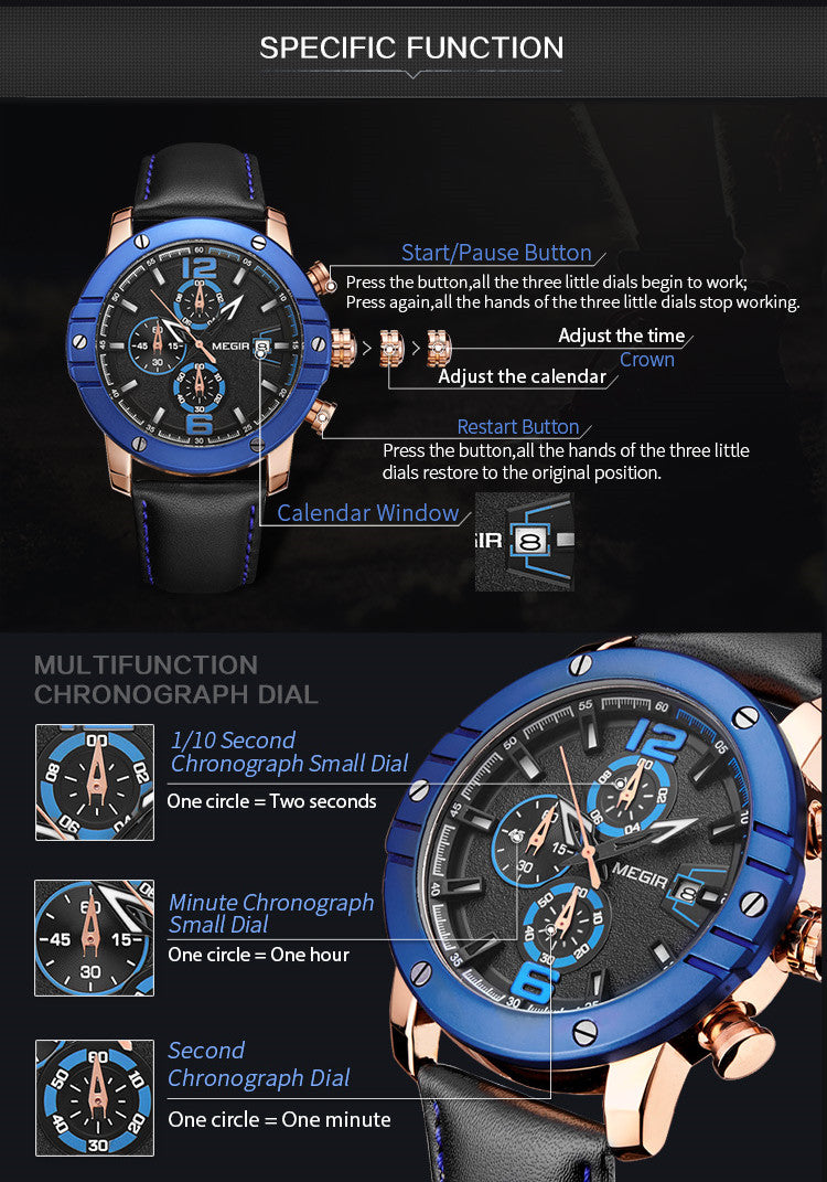 MEGIR Fashion Men's Quartz Watch Top Brand Luxury Business Casual Wristwatch Leather Strap Military Sports Watch Male Clock 2046