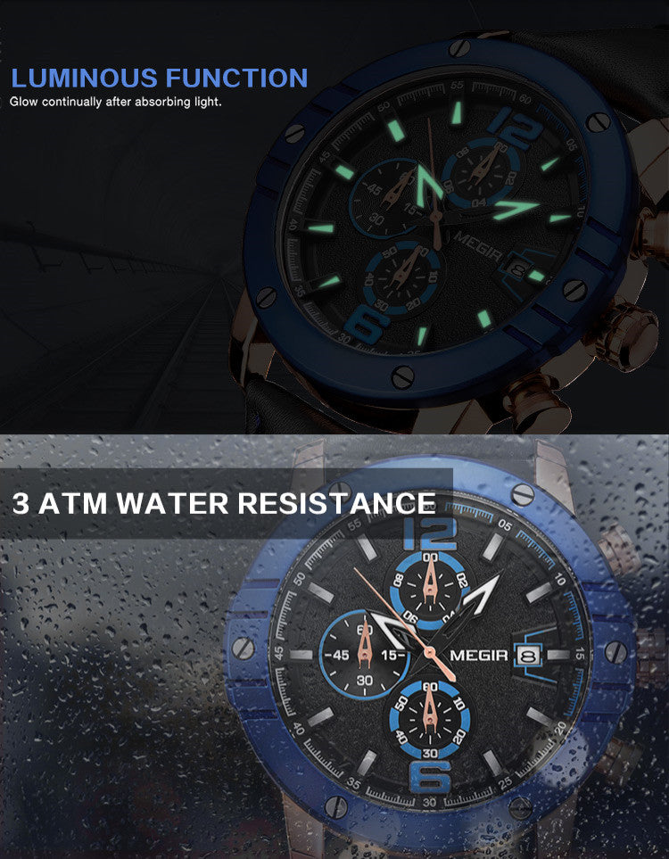 MEGIR Fashion Men's Quartz Watch Top Brand Luxury Business Casual Wristwatch Leather Strap Military Sports Watch Male Clock 2046