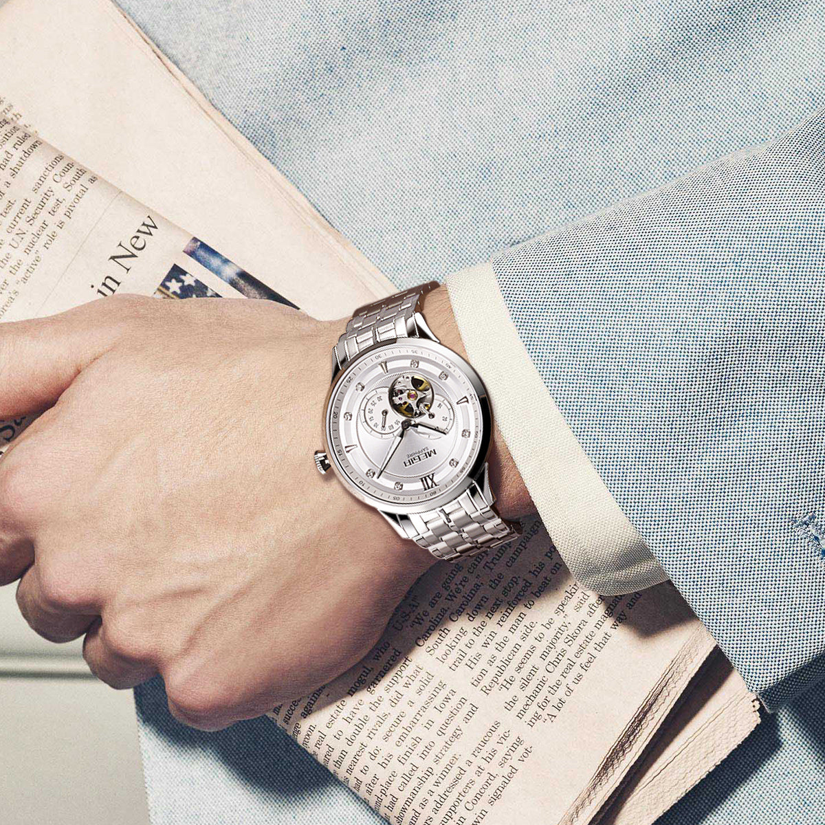 MEGIR Luxury Men Watches Stainless Steel Automatic Mechanical Watch Sapphire Steel Case Business WristWatch Montre Homme