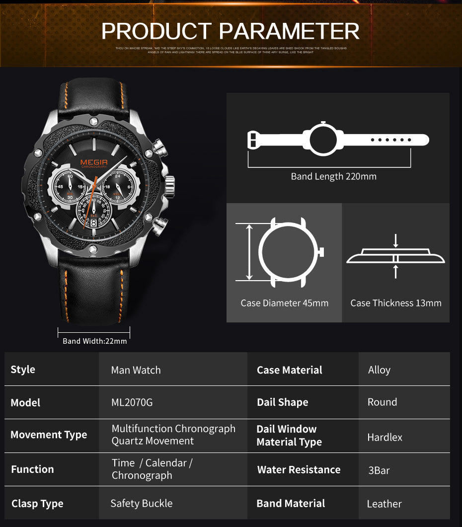 MEGIR Luxury Sports Watches for Men Waterproof Quartz Wrist Watch Chronograph Fashion Leather Military Clock Reloj Hombre 2070