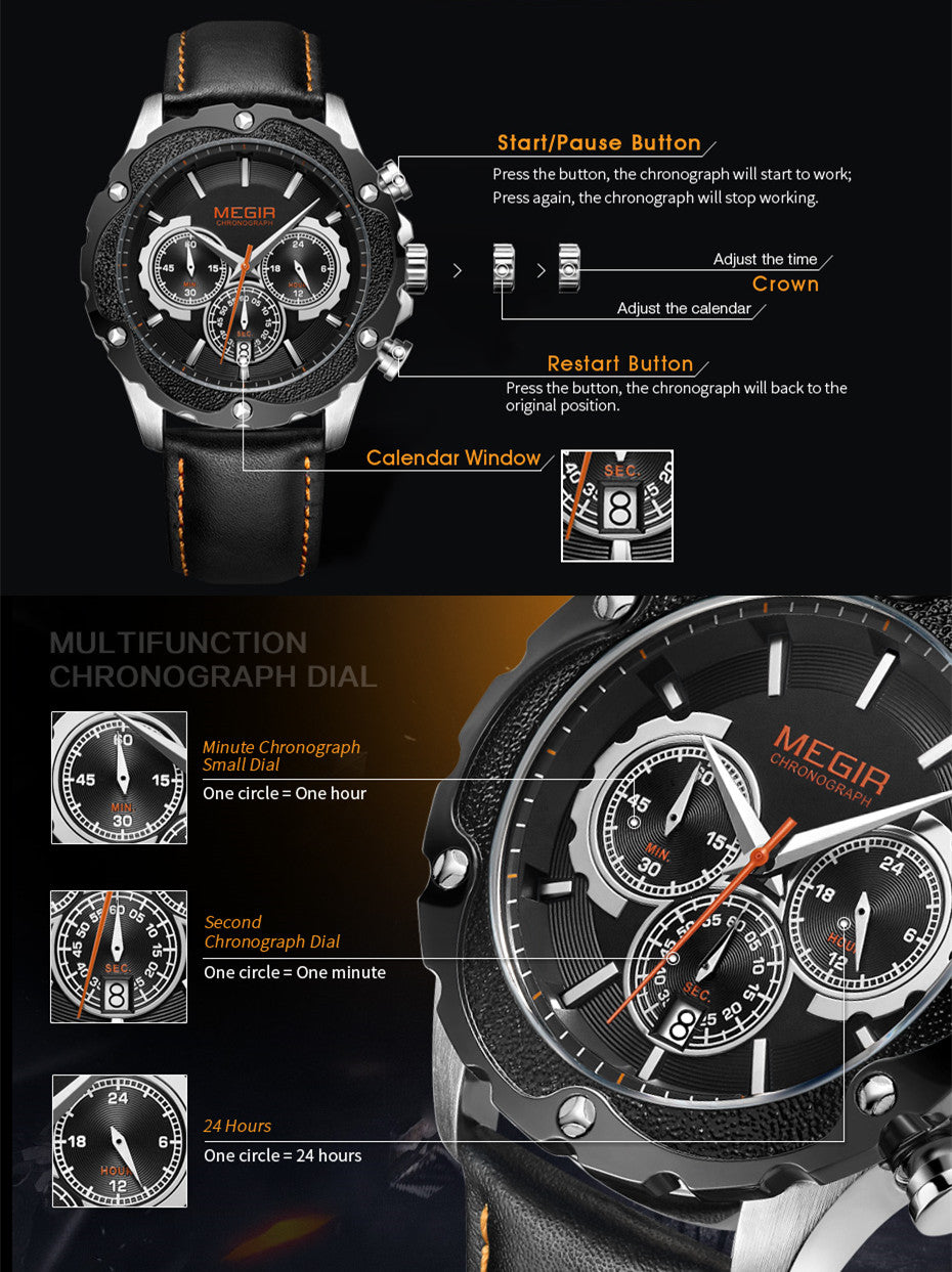 MEGIR Luxury Sports Watches for Men Waterproof Quartz Wrist Watch Chronograph Fashion Leather Military Clock Reloj Hombre 2070