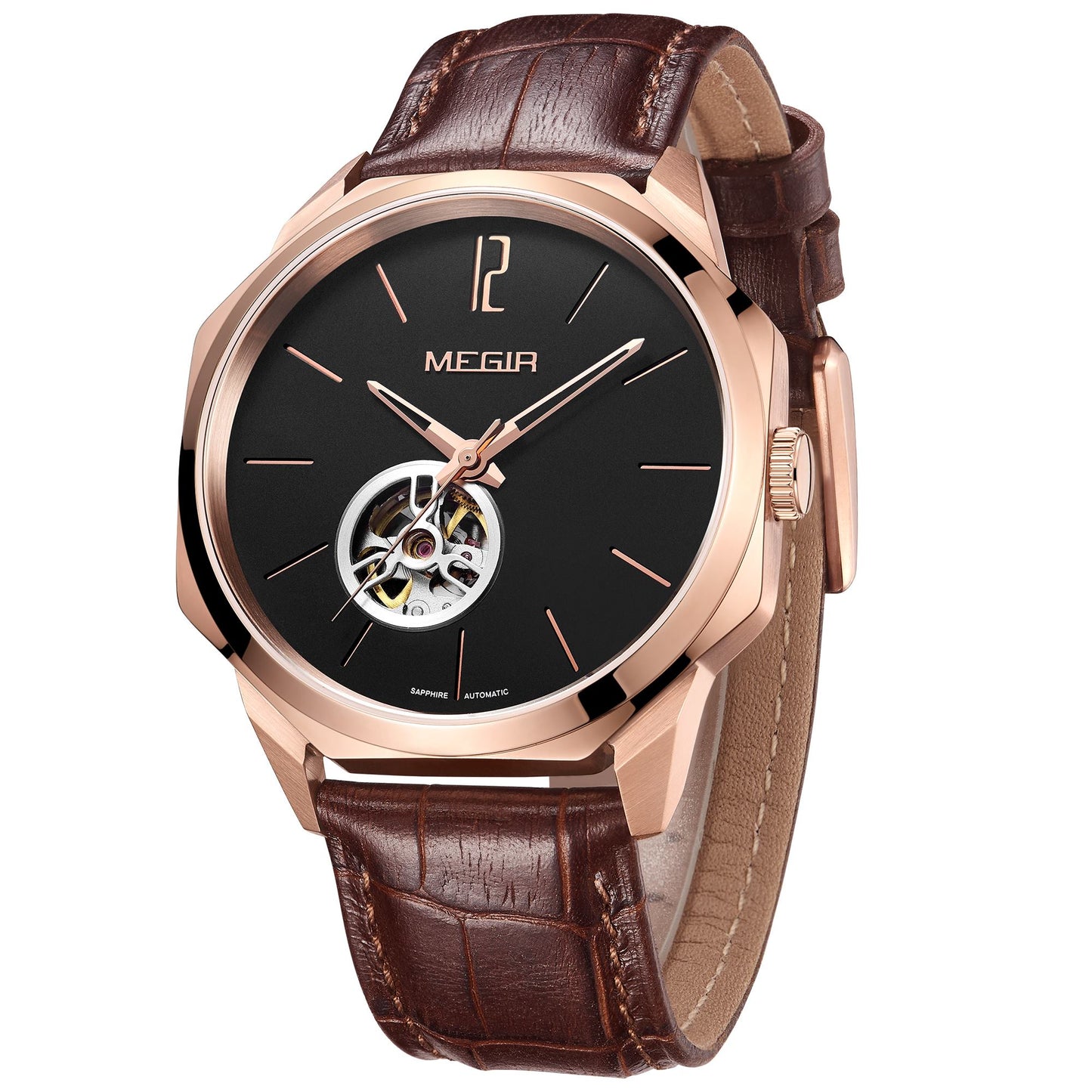 MEGIR Retro Men's Wristwatch Luxury Automatic Mechanical Watches Leather Strap Sapphire 5ATM Waterproof Watch Relogio Masculino