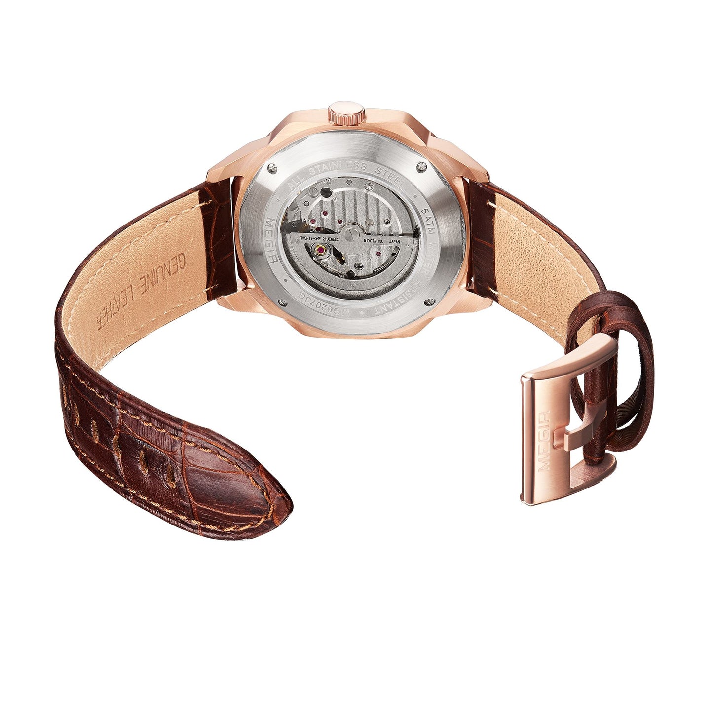 MEGIR Retro Men's Wristwatch Luxury Automatic Mechanical Watches Leather Strap Sapphire 5ATM Waterproof Watch Relogio Masculino