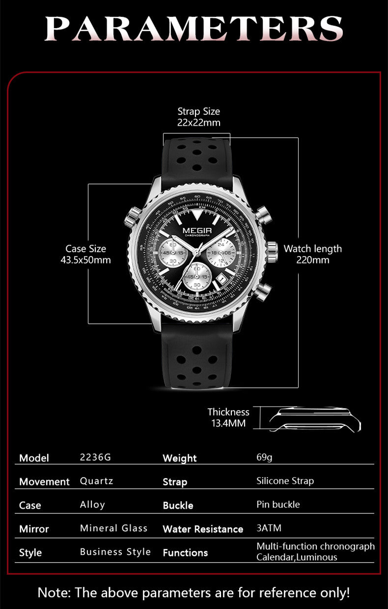MEGIR Luxury Watches Men Fashion Silicone Band Quartz Military WristWatch Waterproof Big Dial Sport Chronograph with Date Clock