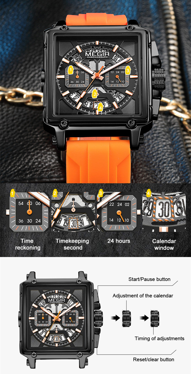 MEGIR Top Brand Men Watches Fashion Sport Military Chronograph Luminous Square Silicone Band Quartz Wristwatch Relogio Masculino