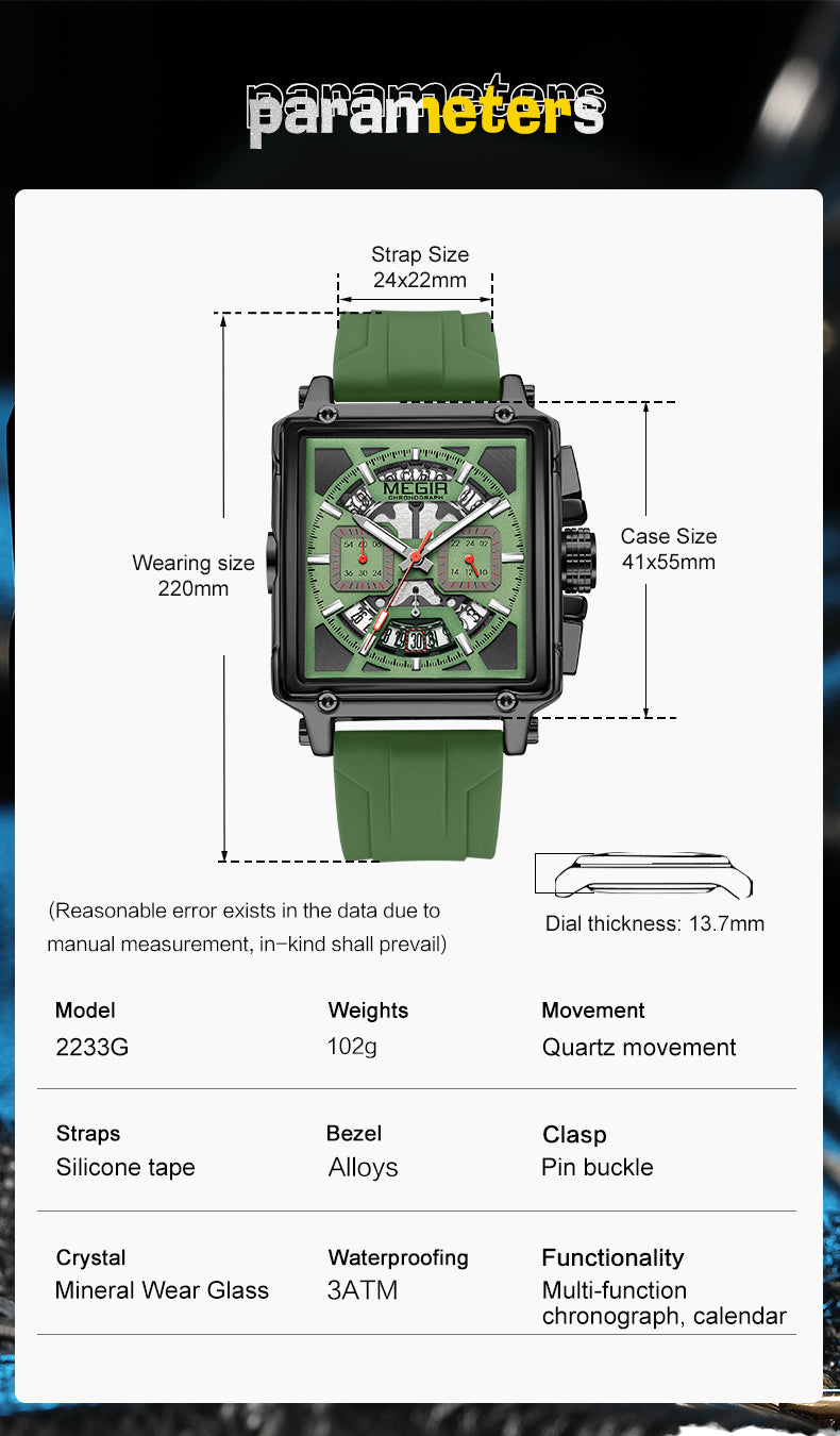 MEGIR Top Brand Men Watches Fashion Sport Military Chronograph Luminous Square Silicone Band Quartz Wristwatch Relogio Masculino