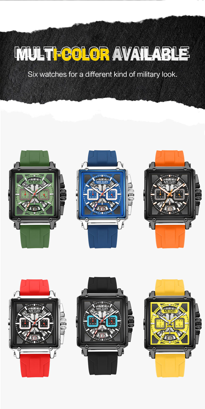 MEGIR Top Brand Men Watches Fashion Sport Military Chronograph Luminous Square Silicone Band Quartz Wristwatch Relogio Masculino