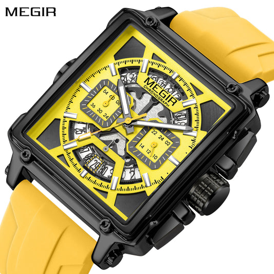 MEGIR Top Brand Men Watches Fashion Sport Military Chronograph Luminous Square Silicone Band Quartz Wristwatch Relogio Masculino