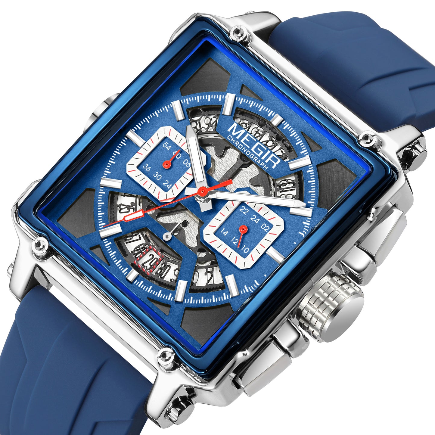 MEGIR Top Brand Men Watches Fashion Sport Military Chronograph Luminous Square Silicone Band Quartz Wristwatch Relogio Masculino