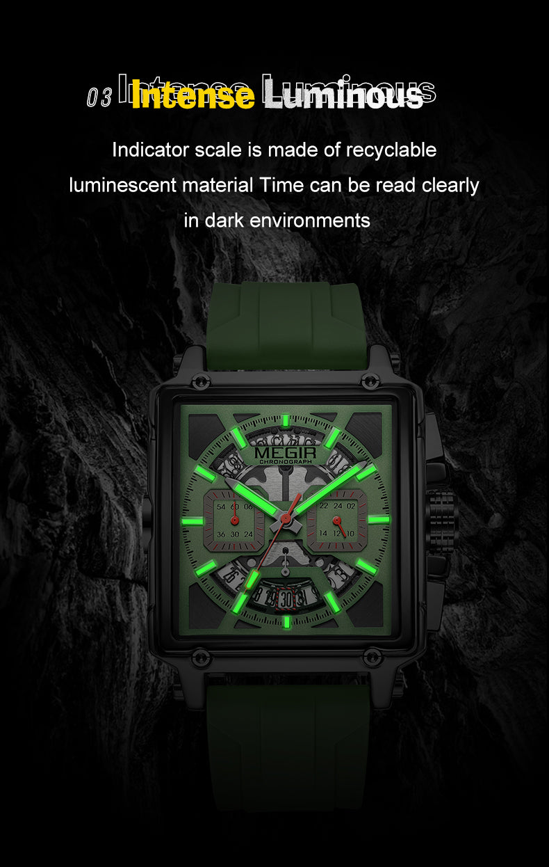MEGIR Top Brand Men Watches Fashion Sport Military Chronograph Luminous Square Silicone Band Quartz Wristwatch Relogio Masculino