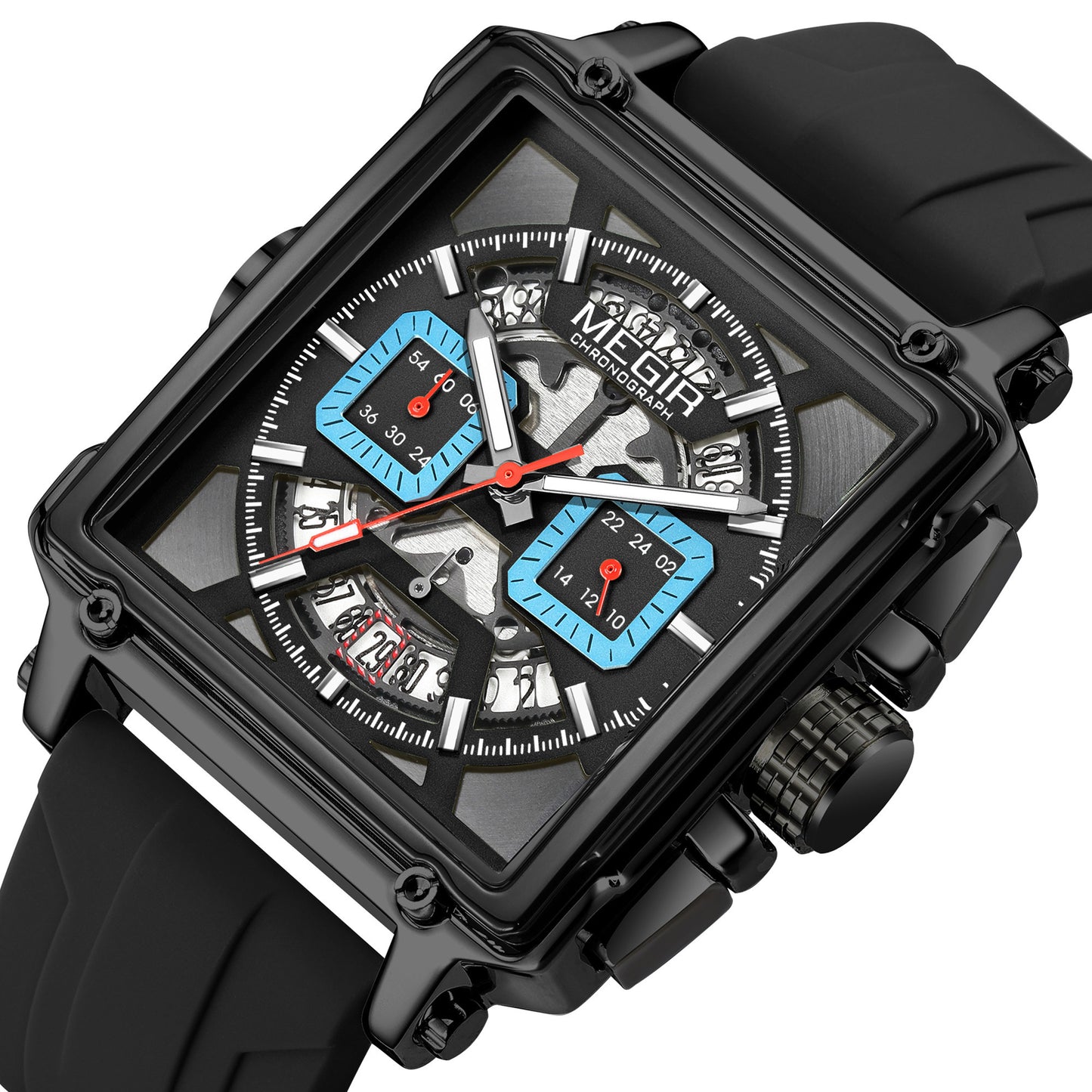 MEGIR Top Brand Men Watches Fashion Sport Military Chronograph Luminous Square Silicone Band Quartz Wristwatch Relogio Masculino