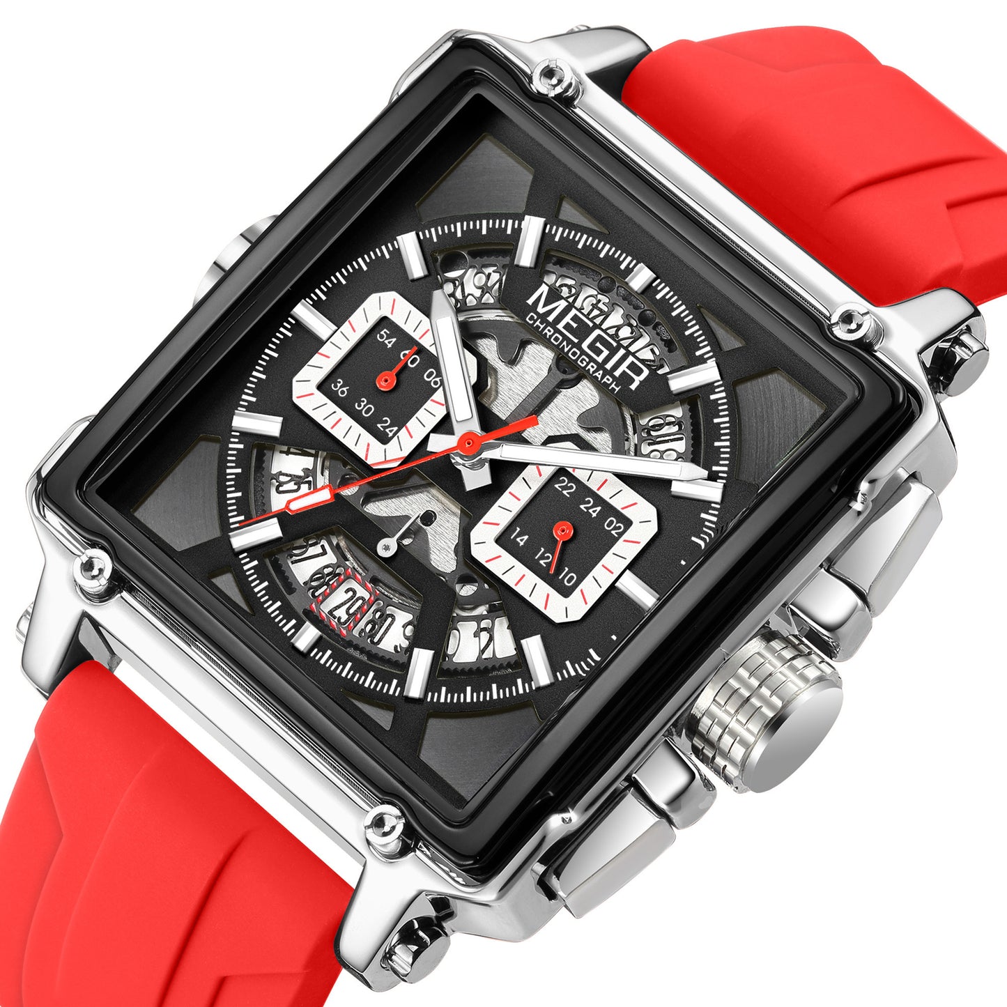 MEGIR Top Brand Men Watches Fashion Sport Military Chronograph Luminous Square Silicone Band Quartz Wristwatch Relogio Masculino