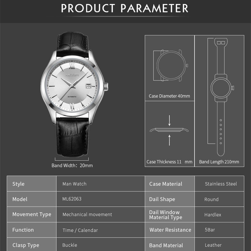 MEGIR Original Brand Men's Watches Automatic Mechanical Watch 5Bar Waterproof Leather Luxury Wristwatch Clock Relogio Masculino