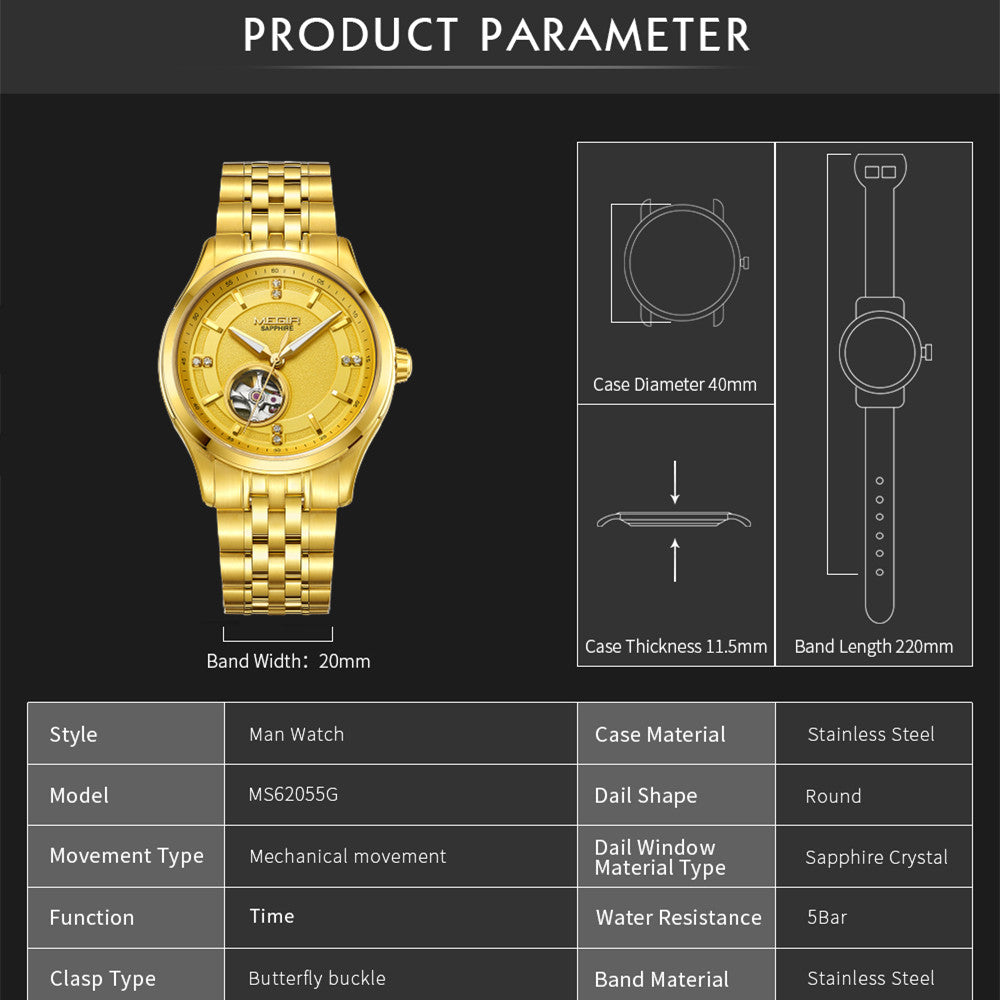 MEGIR Top Brand Luxury Business Watch Men Stainless Steel Waterproof Automatic Mechanical WristWatch Clock Big Dial Montre Homme