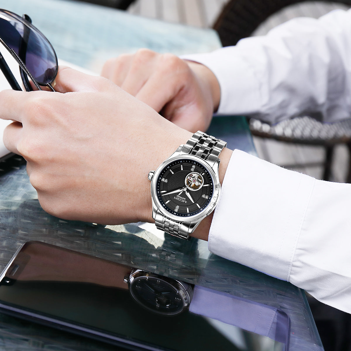 MEGIR Top Brand Luxury Business Watch Men Stainless Steel Waterproof Automatic Mechanical WristWatch Clock Big Dial Montre Homme