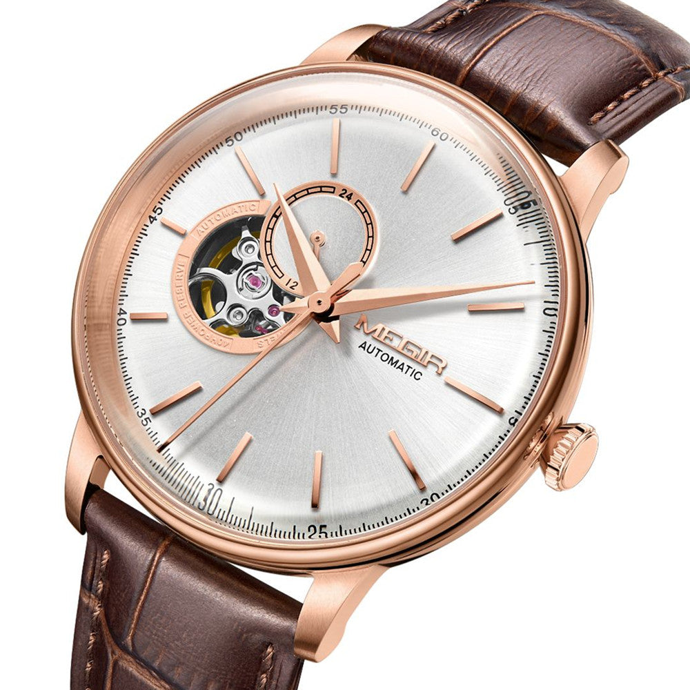 MEGIR Automatic Men's Watch Mechanical Movement Leather Strap Luxury Business Watches 5ATM Waterproof Big Dial Clock Wristwatch