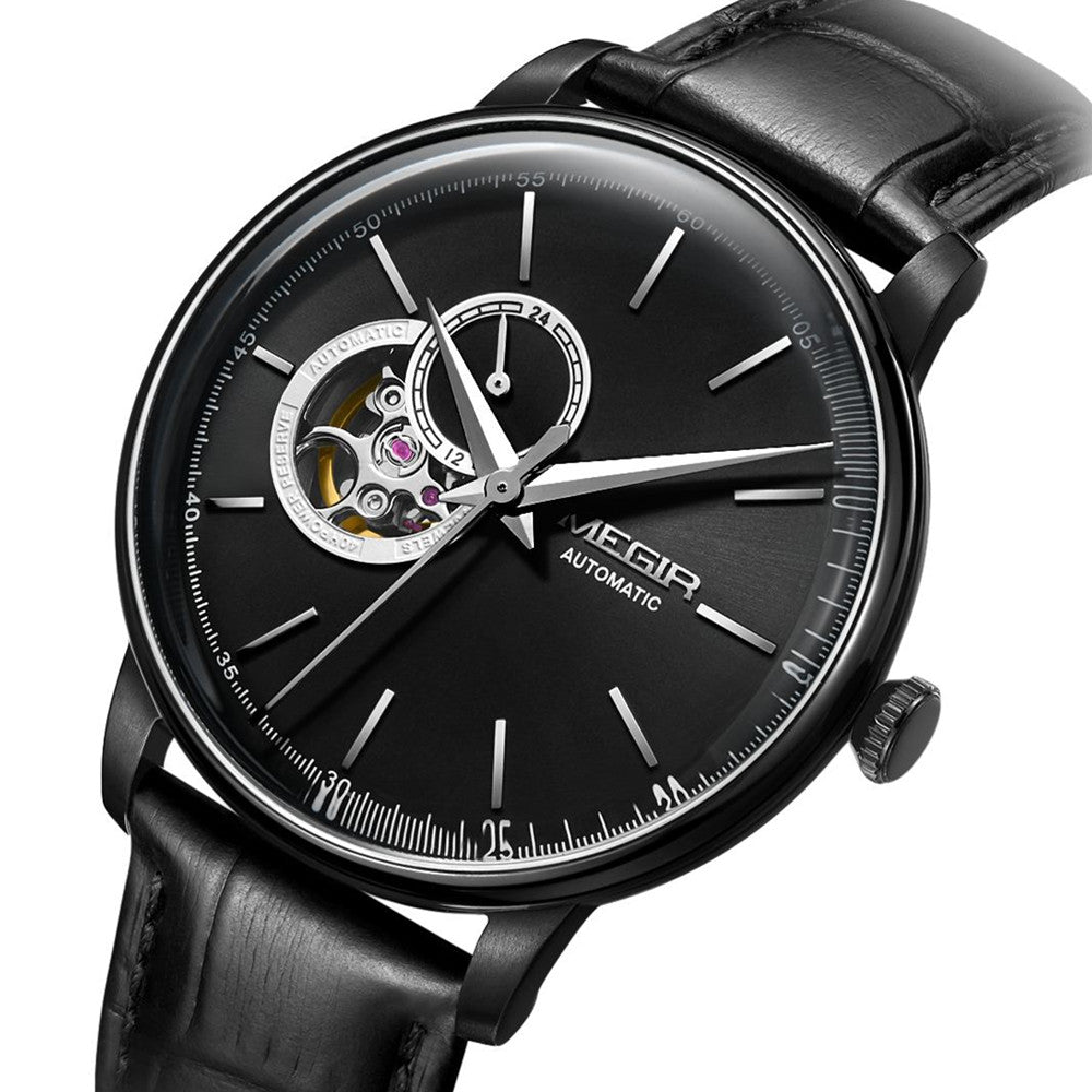MEGIR Automatic Men's Watch Mechanical Movement Leather Strap Luxury Business Watches 5ATM Waterproof Big Dial Clock Wristwatch
