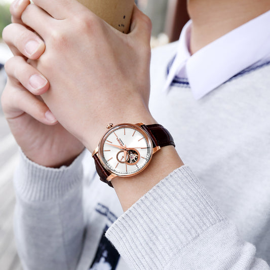 MEGIR Automatic Men's Watch Mechanical Movement Leather Strap Luxury Business Watches 5ATM Waterproof Big Dial Clock Wristwatch