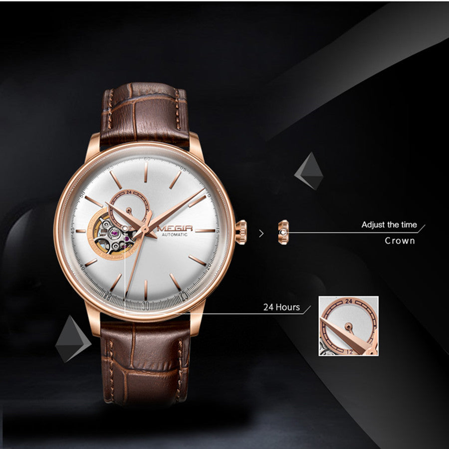 MEGIR Automatic Men's Watch Mechanical Movement Leather Strap Luxury Business Watches 5ATM Waterproof Big Dial Clock Wristwatch