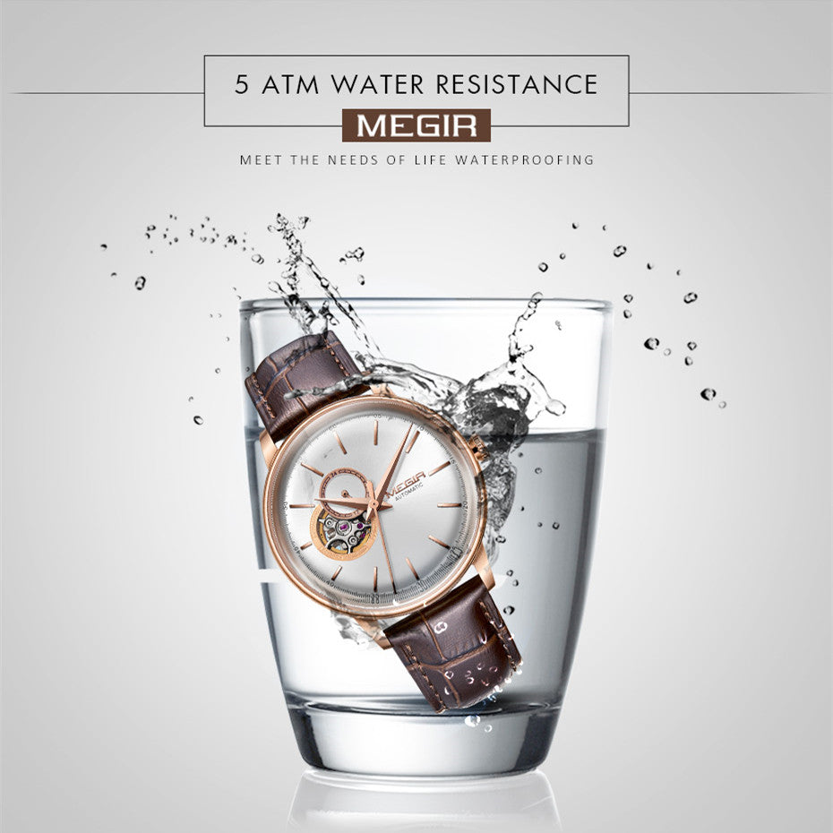 MEGIR Automatic Men's Watch Mechanical Movement Leather Strap Luxury Business Watches 5ATM Waterproof Big Dial Clock Wristwatch