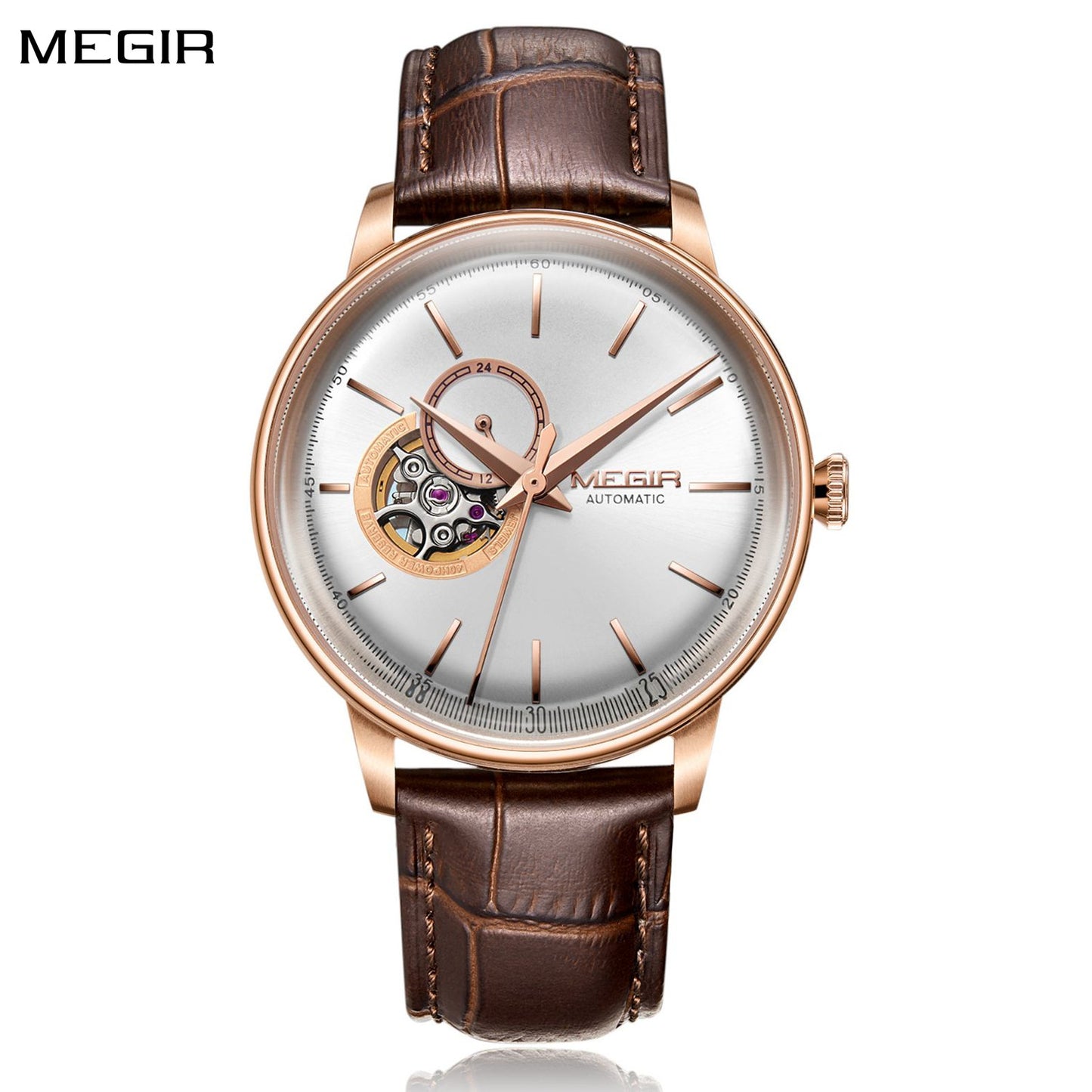 MEGIR Automatic Men's Watch Mechanical Movement Leather Strap Luxury Business Watches 5ATM Waterproof Big Dial Clock Wristwatch