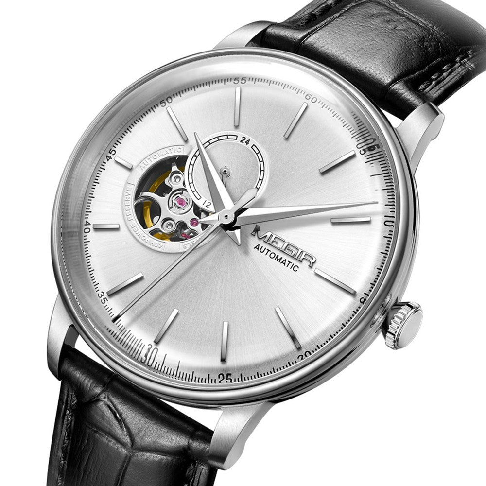 MEGIR Automatic Men's Watch Mechanical Movement Leather Strap Luxury Business Watches 5ATM Waterproof Big Dial Clock Wristwatch