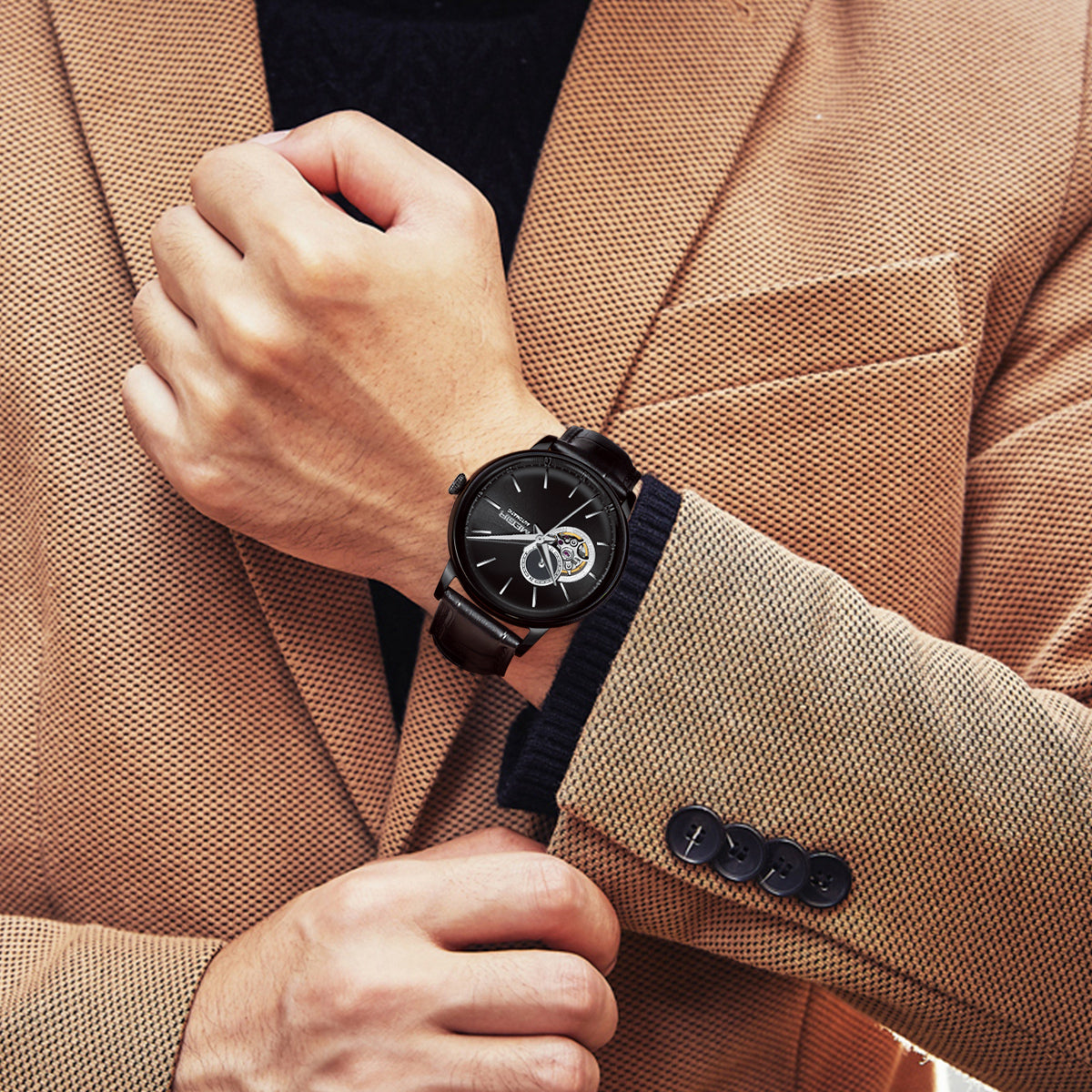 MEGIR Automatic Men's Watch Mechanical Movement Leather Strap Luxury Business Watches 5ATM Waterproof Big Dial Clock Wristwatch