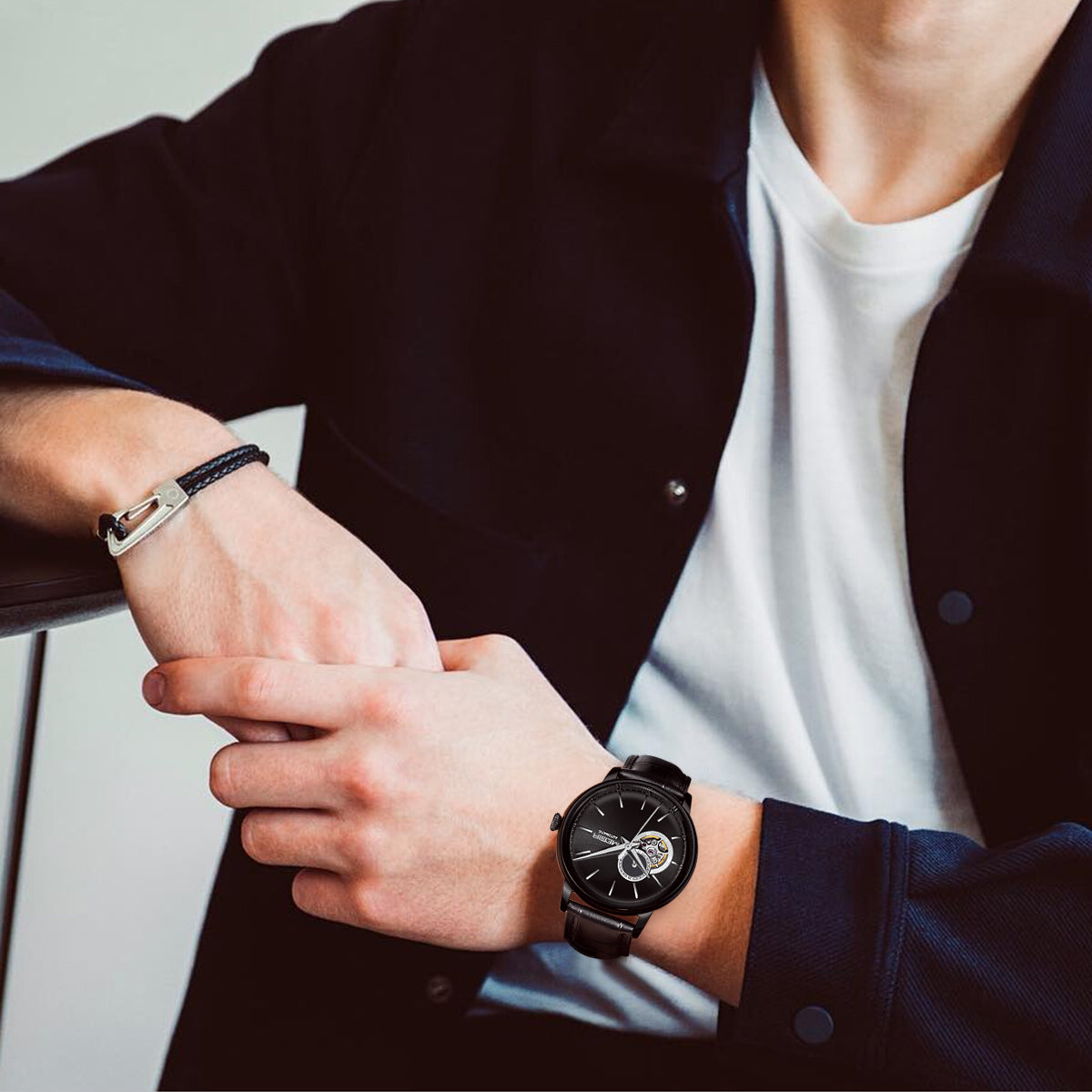 MEGIR Automatic Men's Watch Mechanical Movement Leather Strap Luxury Business Watches 5ATM Waterproof Big Dial Clock Wristwatch