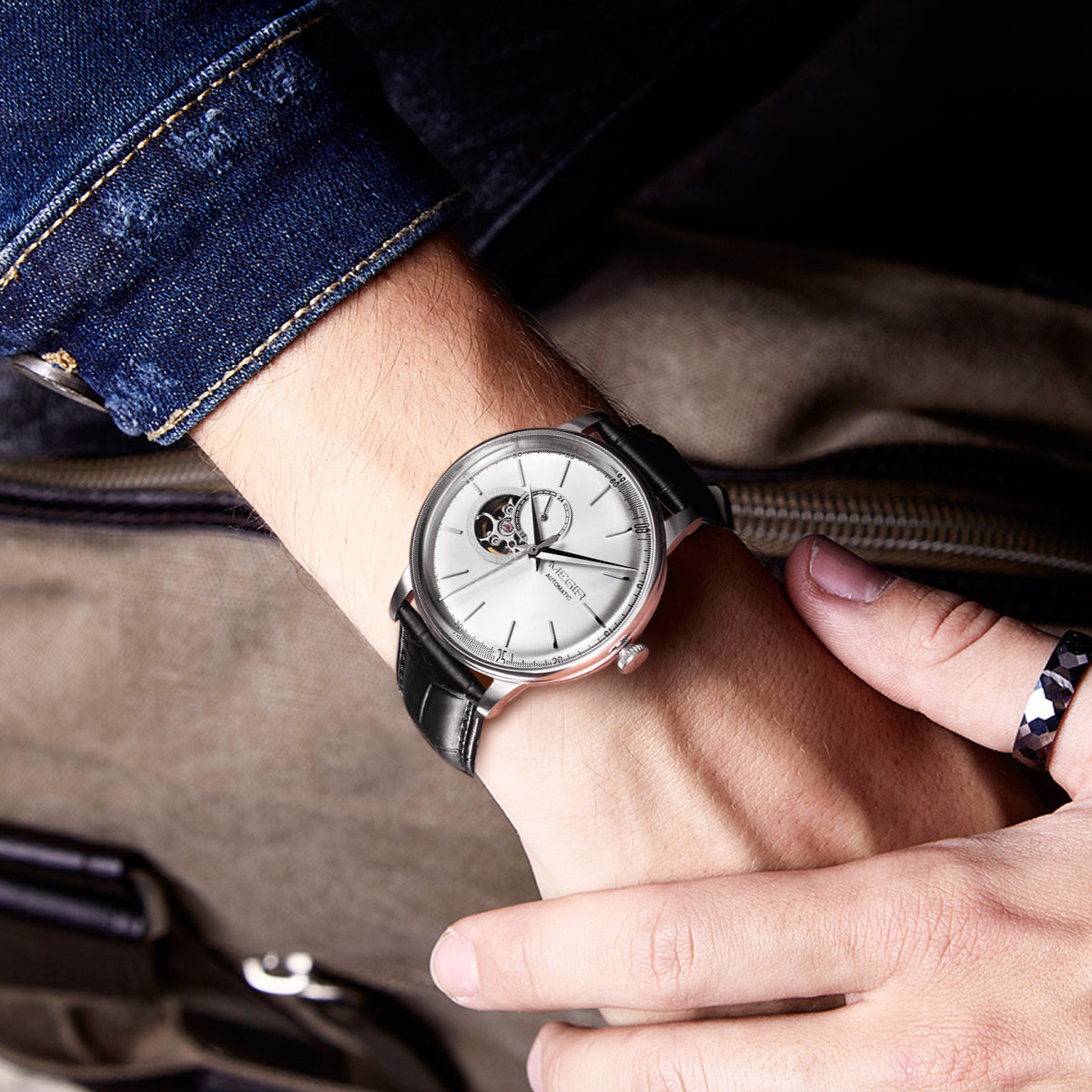 MEGIR Automatic Men's Watch Mechanical Movement Leather Strap Luxury Business Watches 5ATM Waterproof Big Dial Clock Wristwatch
