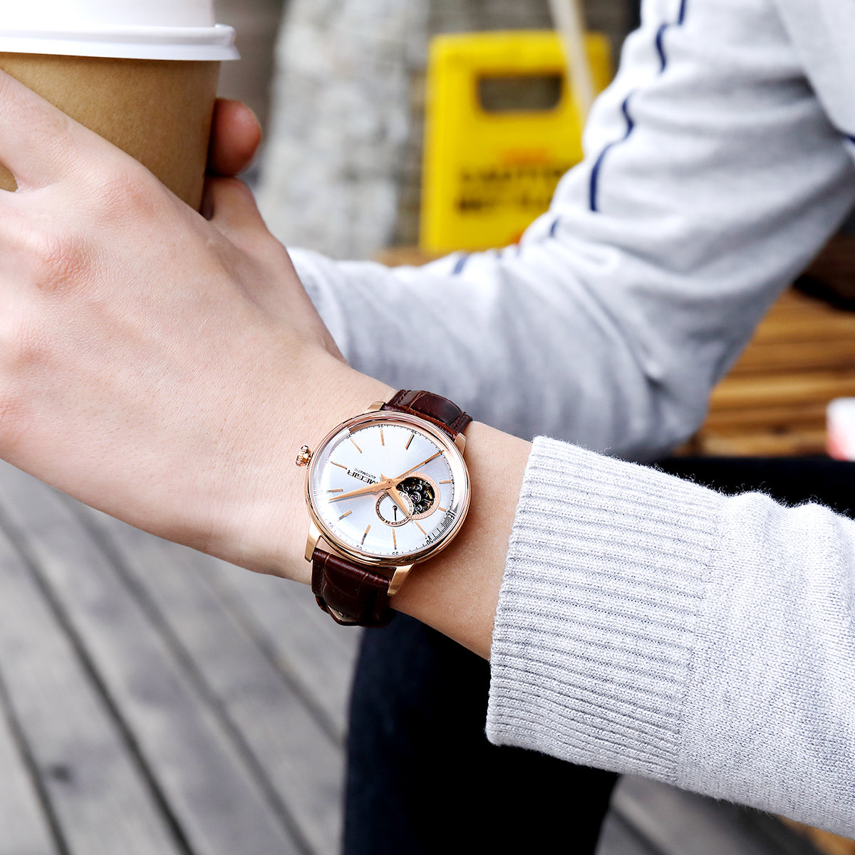 MEGIR Automatic Men's Watch Mechanical Movement Leather Strap Luxury Business Watches 5ATM Waterproof Big Dial Clock Wristwatch