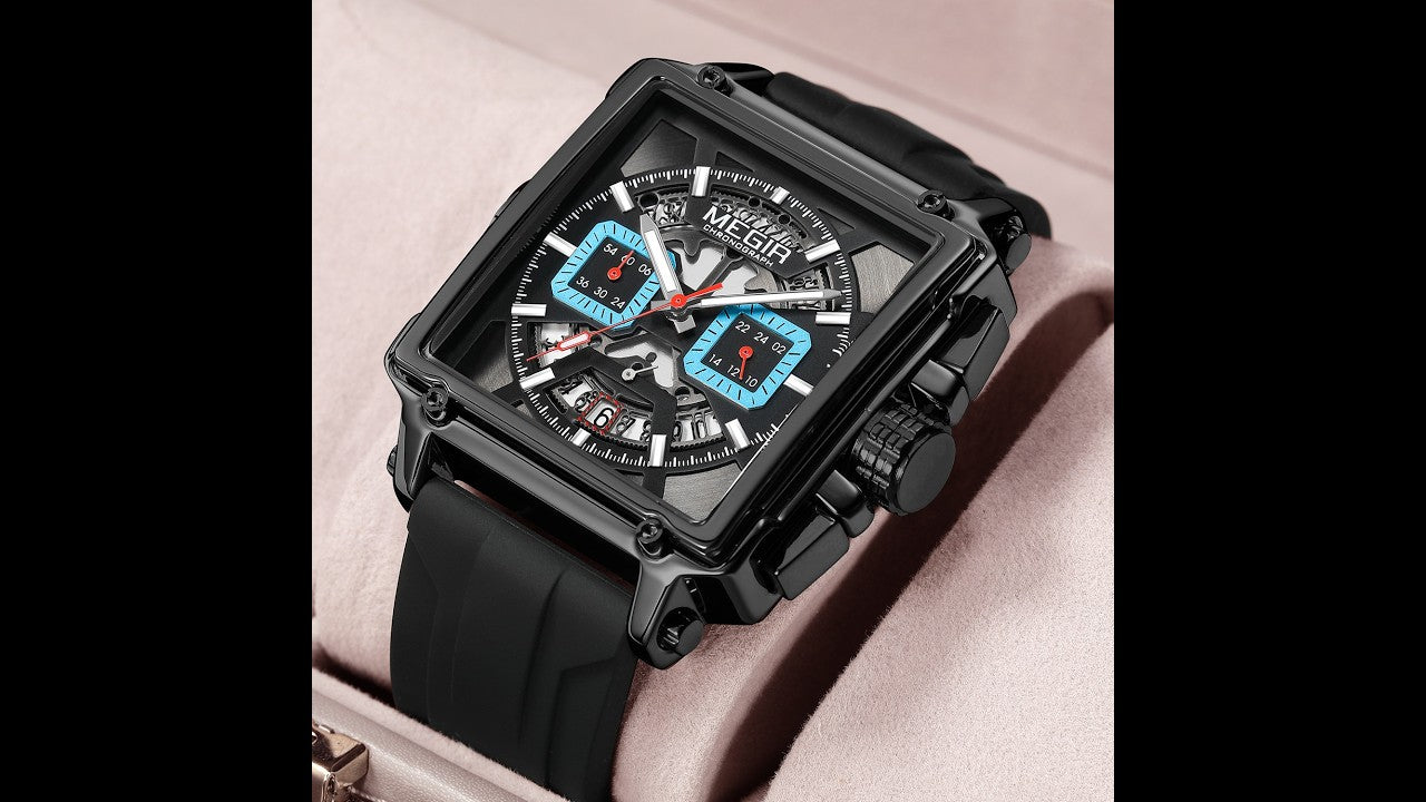 MEGIR Top Brand Men Watches Fashion Sport Military Chronograph Luminous Square Silicone Band Quartz Wristwatch Relogio Masculino