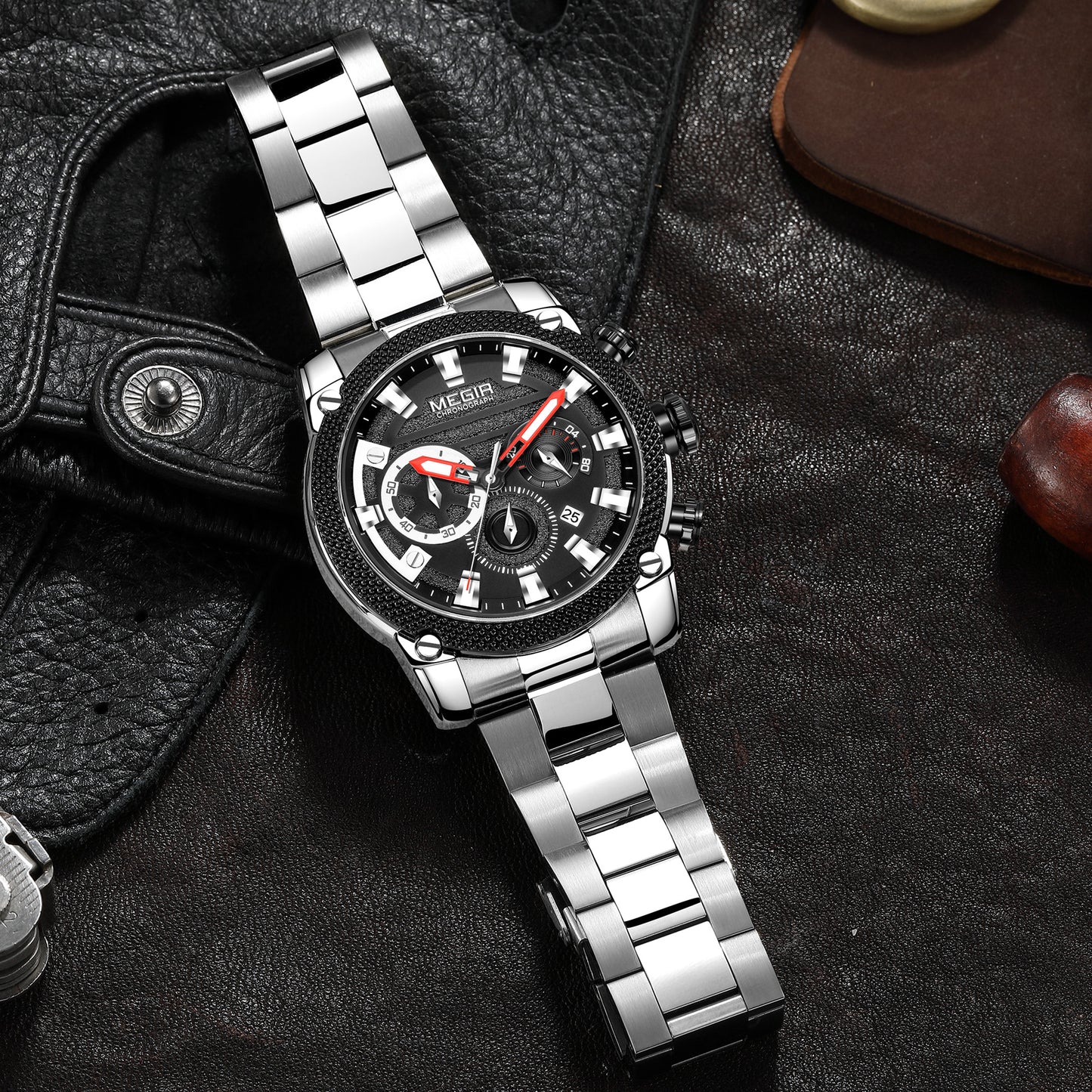 MEGIR Mens Watches Top Brand Luxury Business Wristwatch Waterproof Calendar Quartz Casual Clock Stainless Steel Man Chronograph