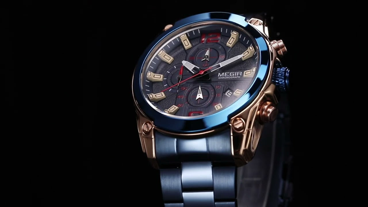 MEGIR Original Luxury Men Chronograph Stainless Steel Wristwatch Waterproof Luminous Quartz Watch Clock Calendar Reloj Hombre