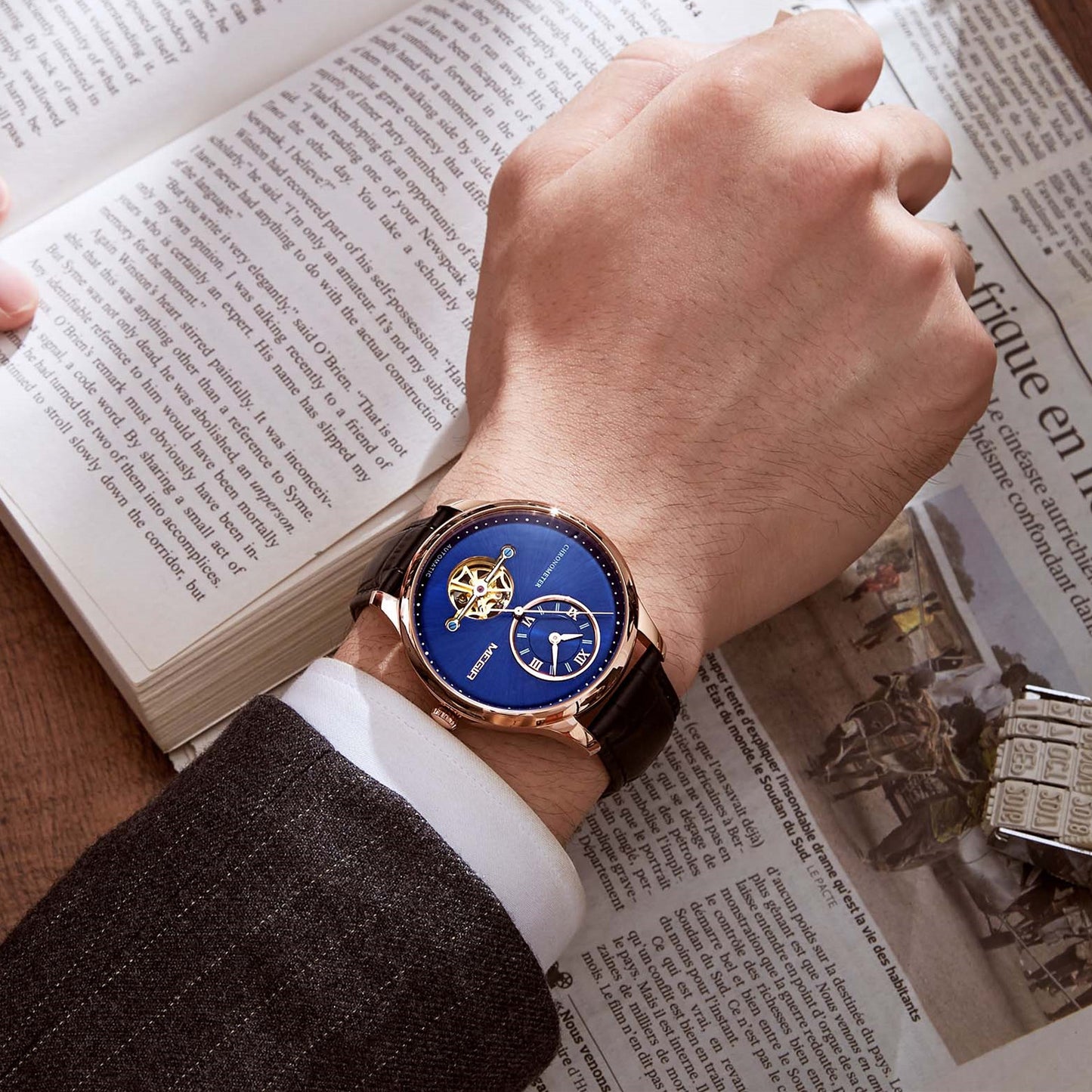 MEGIR Luxury Brand Men Mechanical Watches Multi-function Clock Wrist Watch Leather Automatic Movement Waterproof Wristwatch