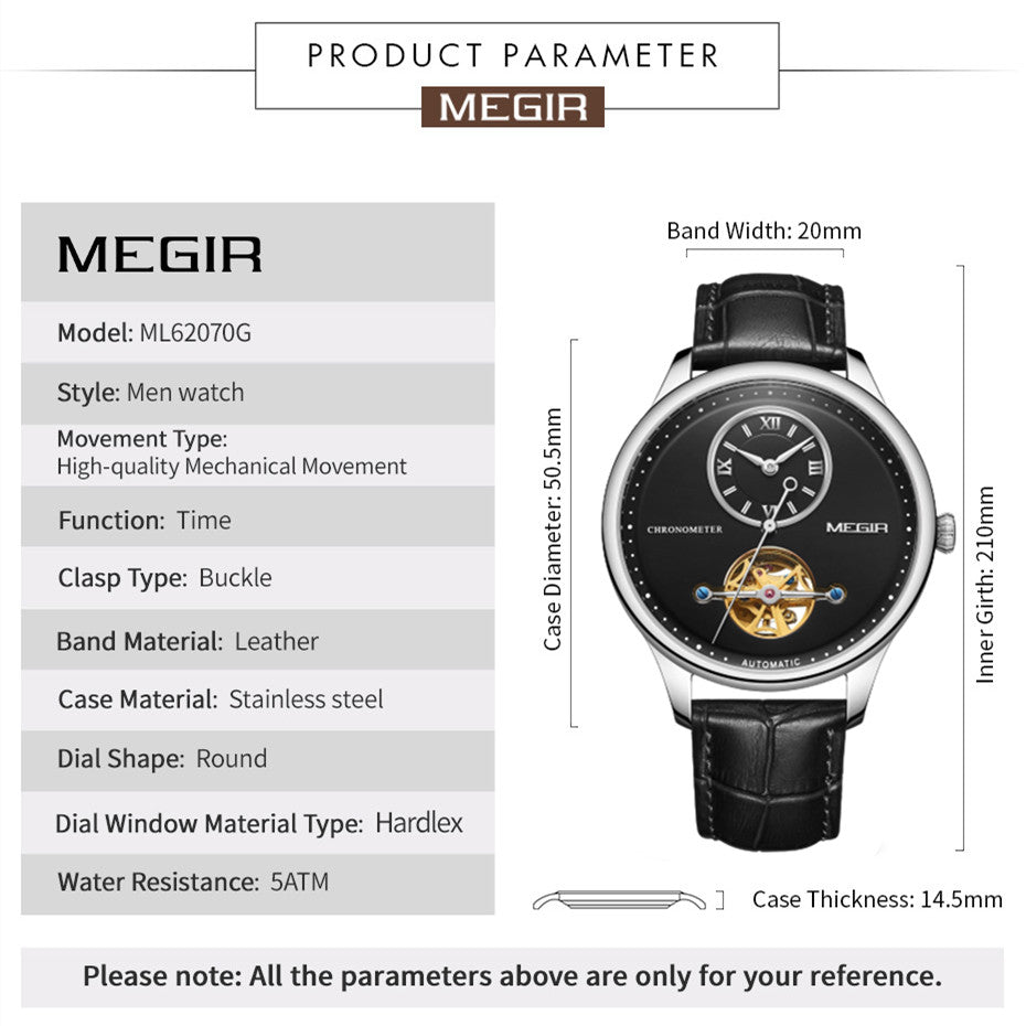 MEGIR Luxury Brand Men Mechanical Watches Multi-function Clock Wrist Watch Leather Automatic Movement Waterproof Wristwatch
