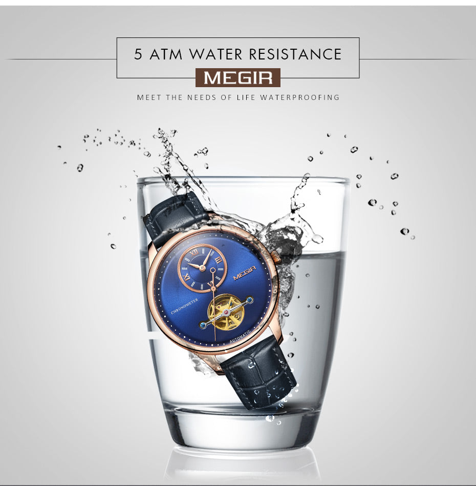 MEGIR Luxury Brand Men Mechanical Watches Multi-function Clock Wrist Watch Leather Automatic Movement Waterproof Wristwatch