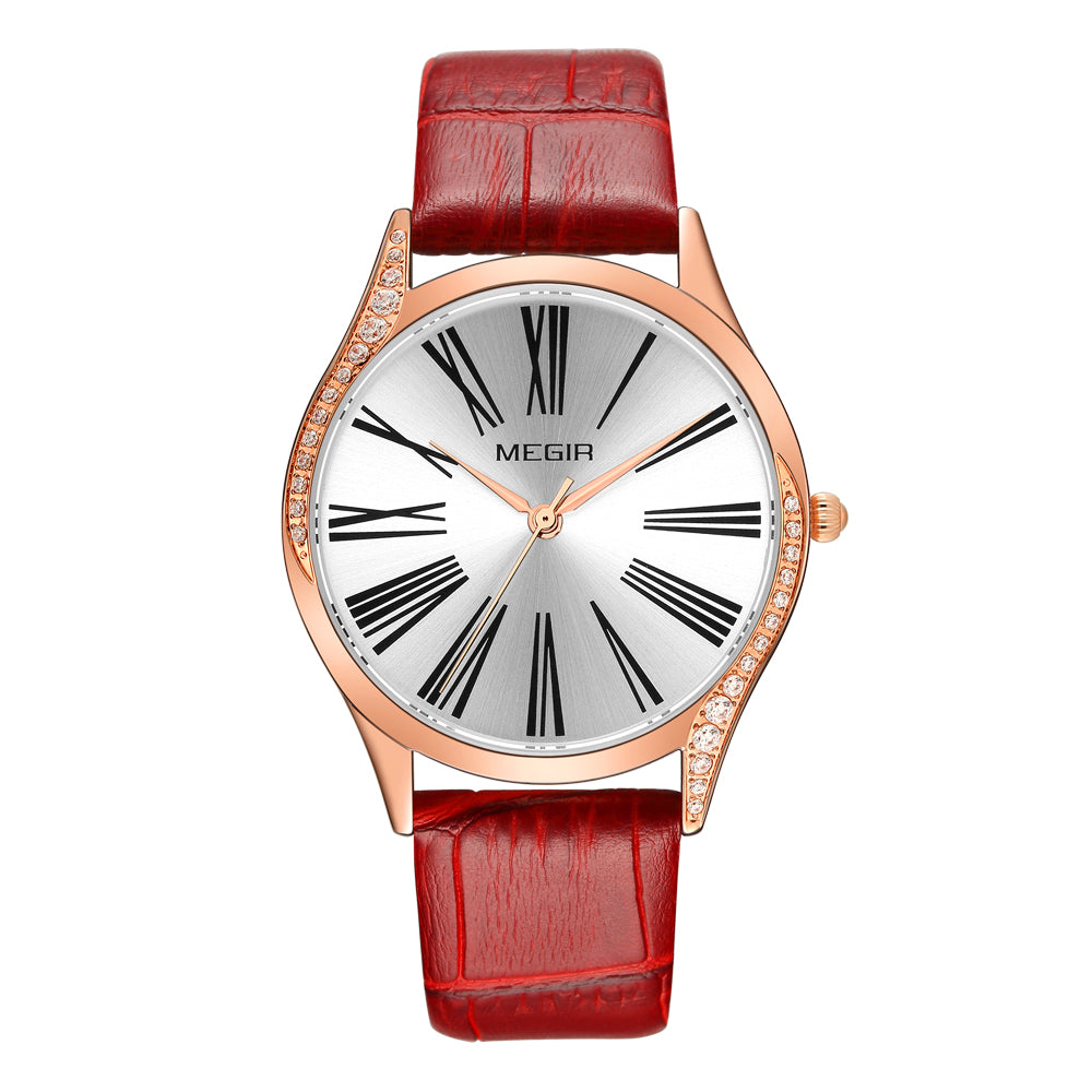 MEGIR Brand Fashion Leather Woman Bracelet Watches Ladies Quartz Wristwatch Rhinestone Waterproof Casual Wrist Watch Clock