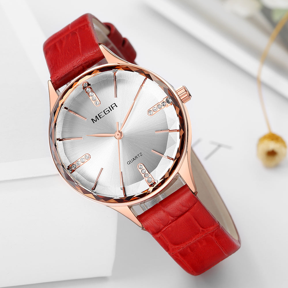 MEGIR Luxury Woman Wristwatch Elegant Waterproof Leather Strap Female Quartz Watches Dress Diamond Wrist Watch for Ladies Gift