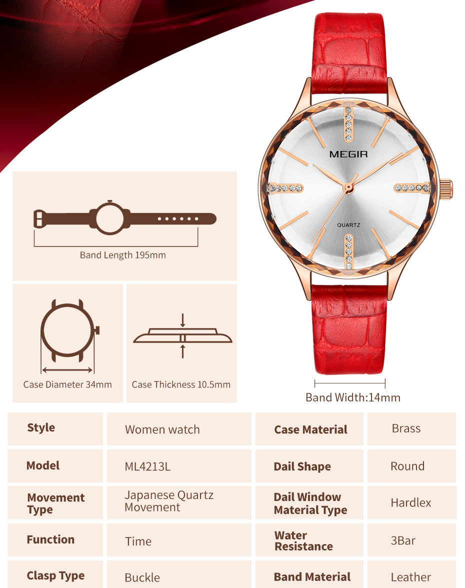 MEGIR Luxury Woman Wristwatch Elegant Waterproof Leather Strap Female Quartz Watches Dress Diamond Wrist Watch for Ladies Gift