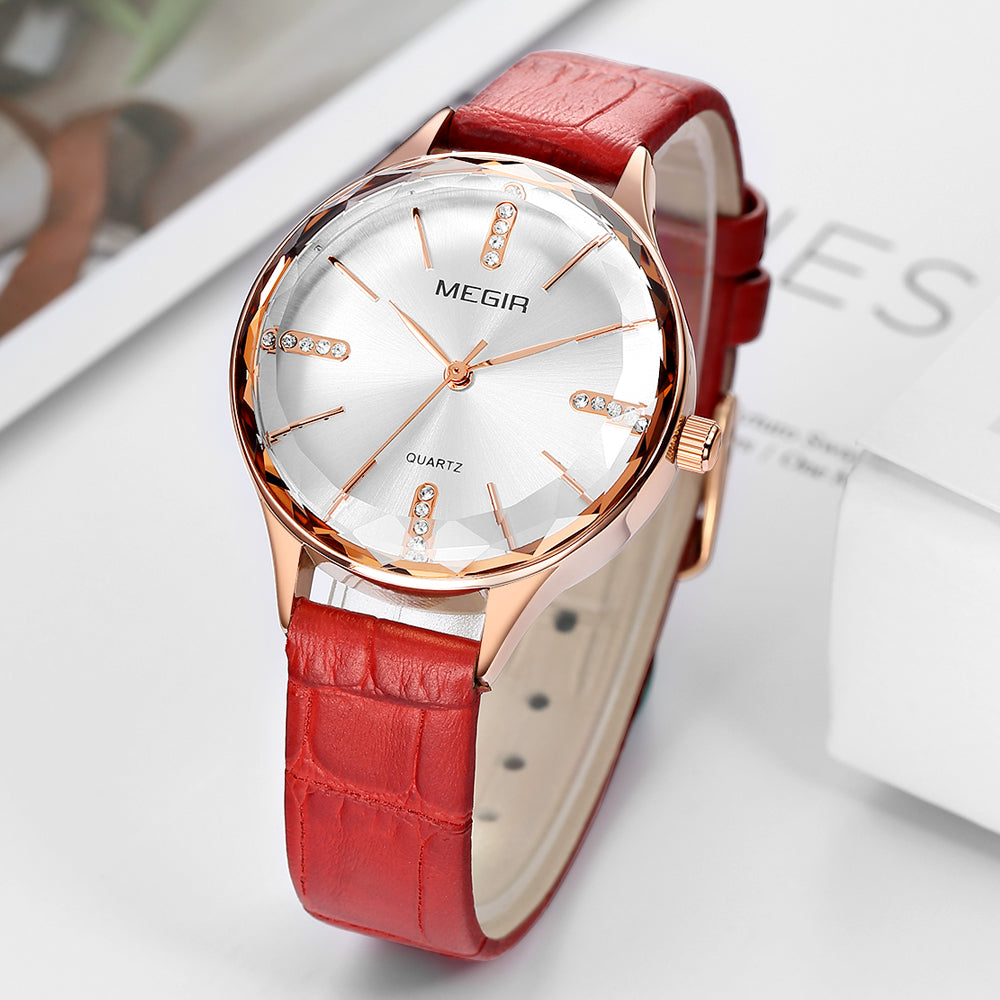 MEGIR Luxury Woman Wristwatch Elegant Waterproof Leather Strap Female Quartz Watches Dress Diamond Wrist Watch for Ladies Gift