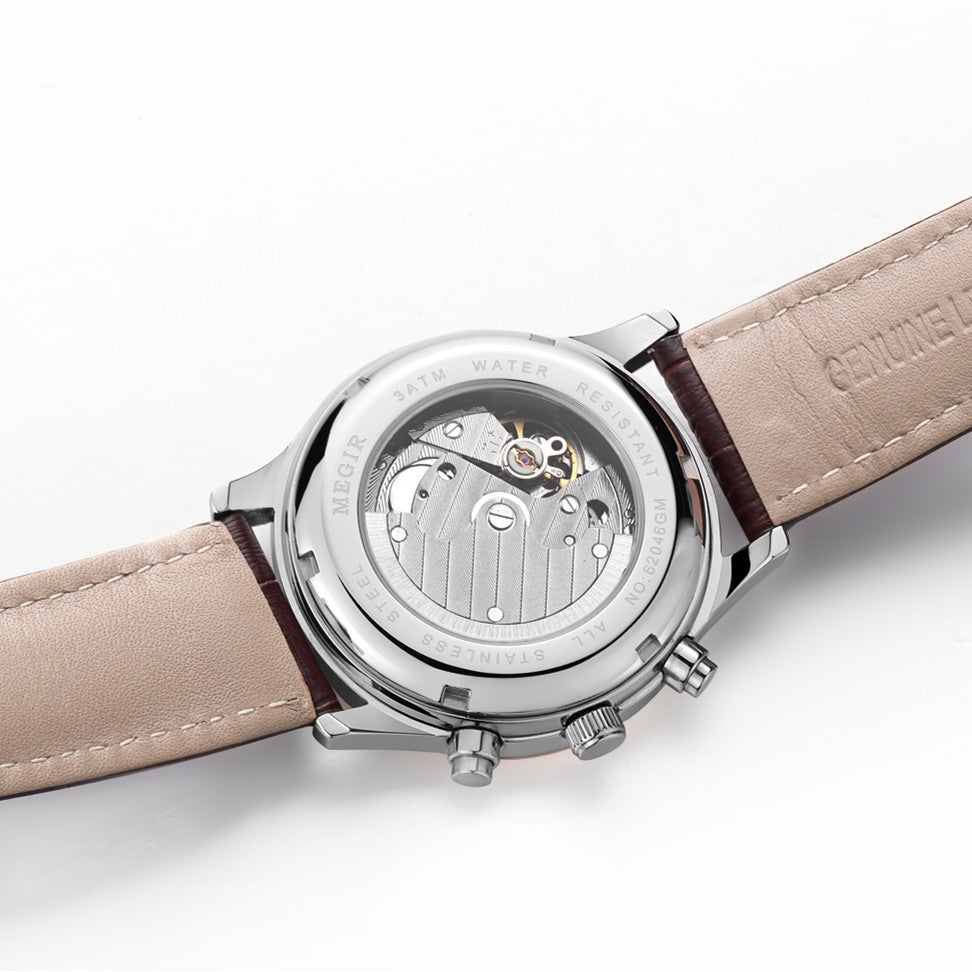 MEGIR Men Automatic Mechanical Watches Moon Phase Brown Leather Casual Business Wristwatch Sapphire Date Clock Montre Homme 62046