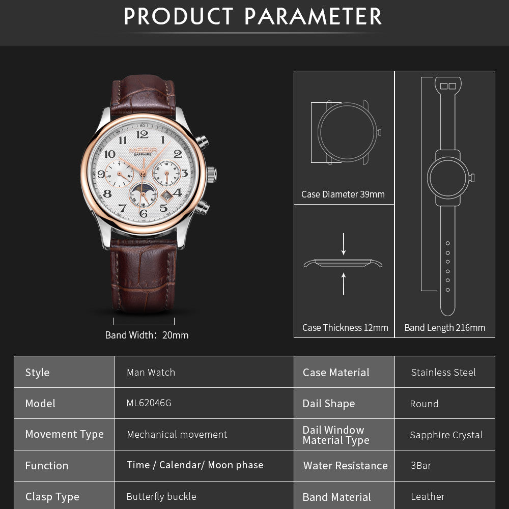 MEGIR Men Automatic Mechanical Watches Moon Phase Brown Leather Casual Business Wristwatch Sapphire Date Clock Montre Homme 62046